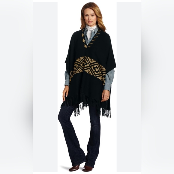 Minnie Rose Black Tan Geometric Poncho One Size Fits All - Picture 2 of 11